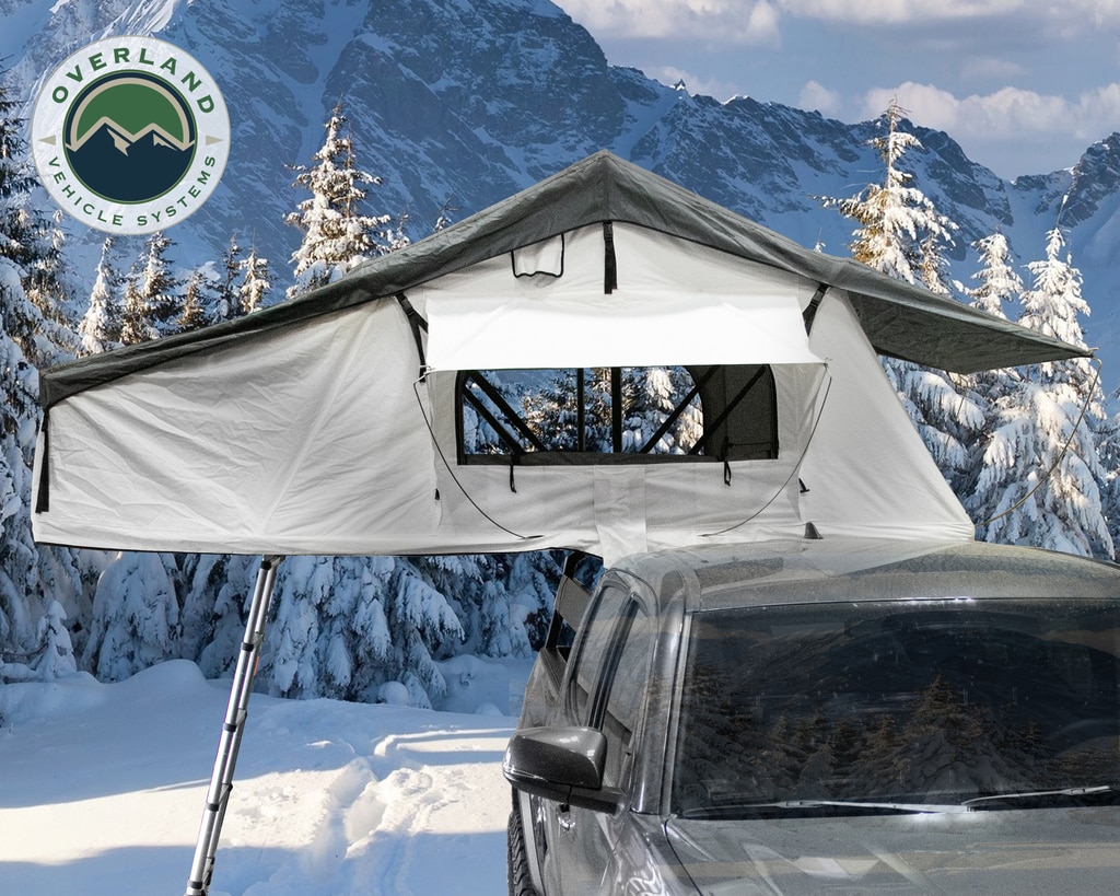 Overland Vehicle Systems Roof Top Tent Extended 3 Person Roof Top Tent With Annex White/Dark Gray Rain Fly Black Cover Nomadic Arctic - Click Image to Close
