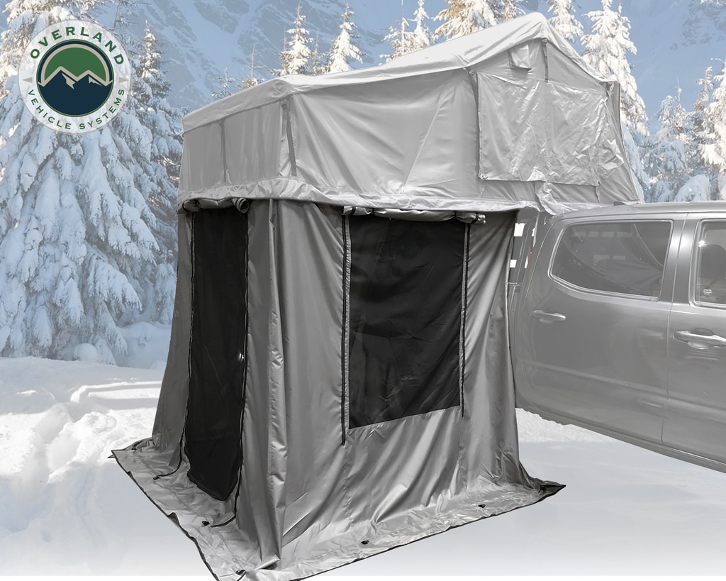 Overland Vehicle Systems Roof Top Tent Extended 3 Person Roof Top Tent With Annex White/Dark Gray Rain Fly Black Cover Nomadic Arctic