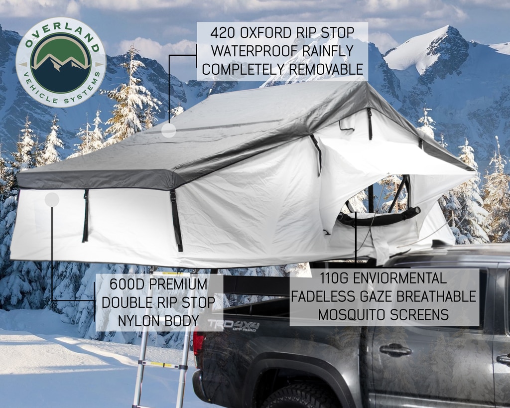Overland Vehicle Systems Roof Top Tent Extended 3 Person Roof Top Tent White Base/ Dark Gray Rain Fly Black Cover Nomadic Arctic