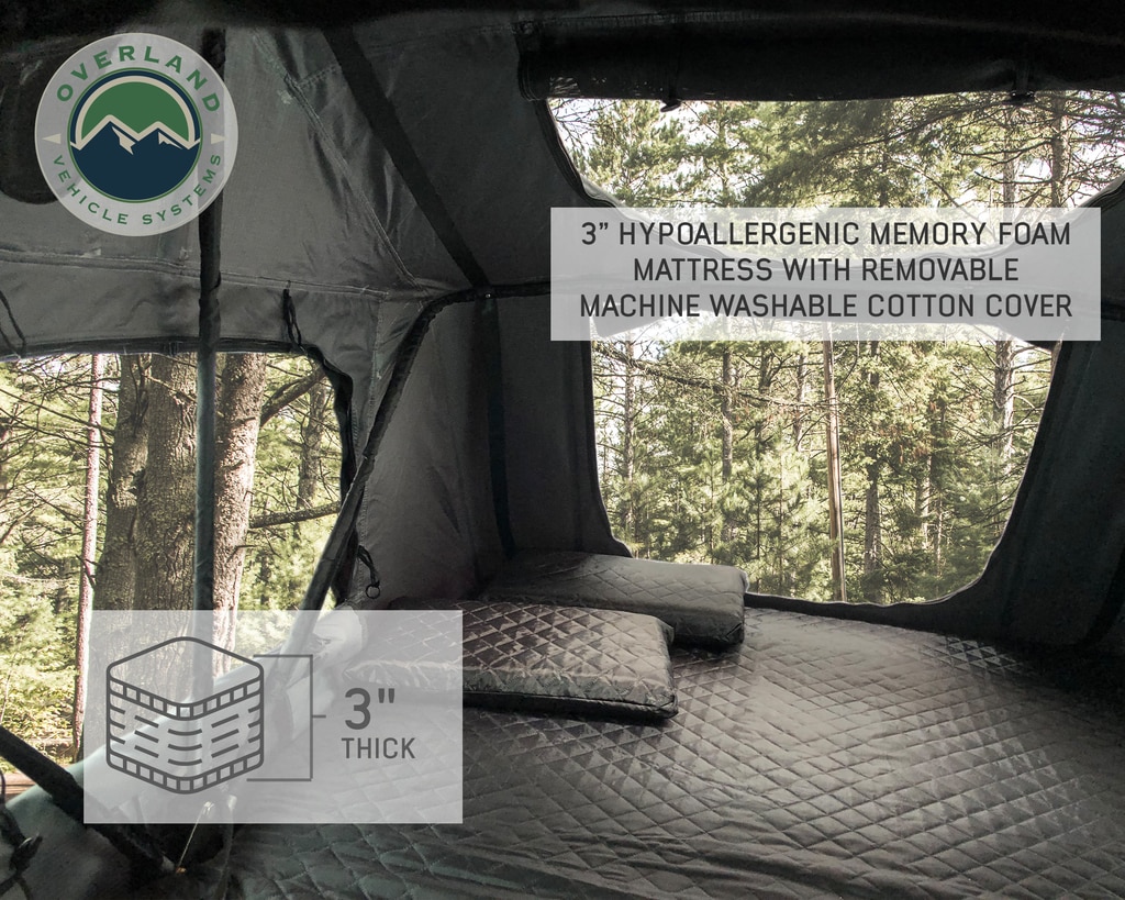 Overland Vehicle Systems Roof Top Tent 4 Person Extended Roof Top Tent Dark Gray Base With Green Rain Fly With Bonus Pack Nomadic - Click Image to Close