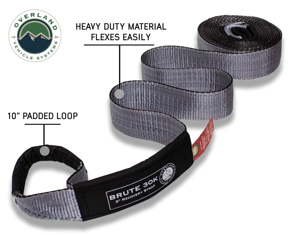 Overland Vehicle Systems Tow Strap 30,000 lb 3 Inch x 30 foot Gray With Black Ends & Storage Bag