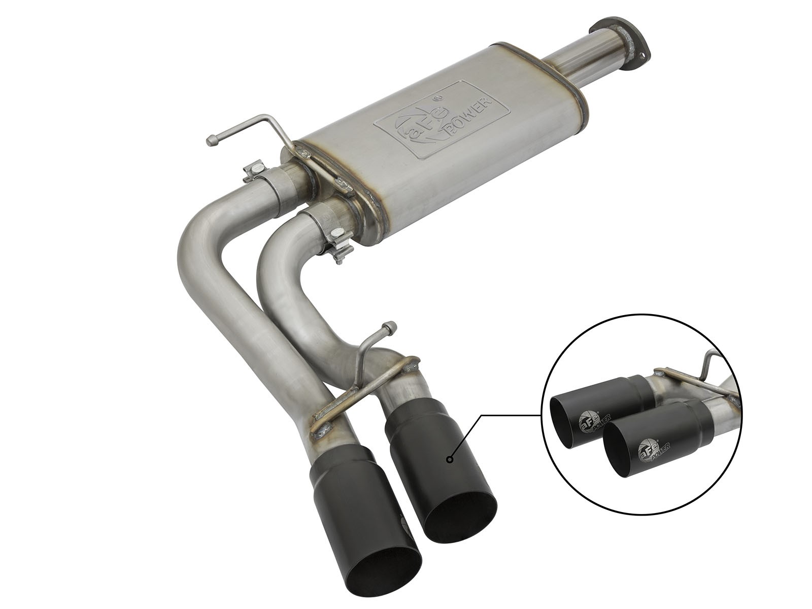 aFe POWER Rebel Series 3" to 2-1/2" Middle-Side Exit Stainless Steel Cat-Back Exhaust System - Black Tip